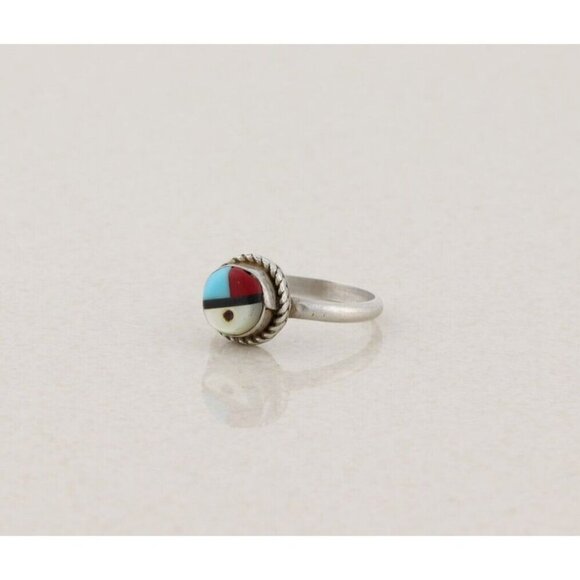 Sterling Silver Turquoise Coral Onyx Mother of Pearl Zuni Face Ring Size 4 1/2 - Picture 5 of 7